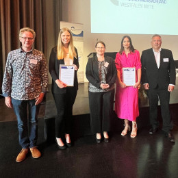 Prof. Dr. Jörg. Wenz (Studiengangsleiter "Wirtschaftsingenieurwesen"), Marie Henning, Prof. Dr.-Ing. Kira Kastell (Hochschule Hamm-Lippstadt Präsidentin), Mena Kleeschulte, Prof. Dr. Peter Britz (Head of Department 2 in Hamm)