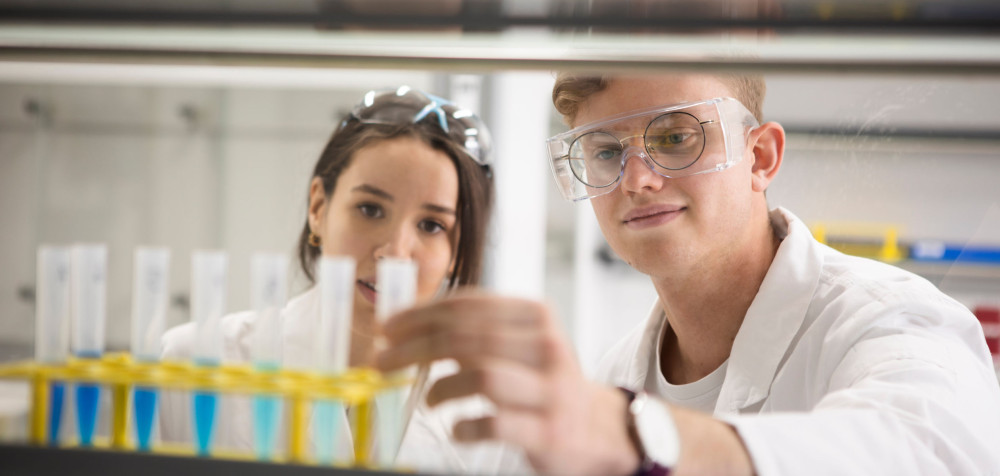 Zwei Studierende stehen im Labor und betrachten Reagenzgläser. 